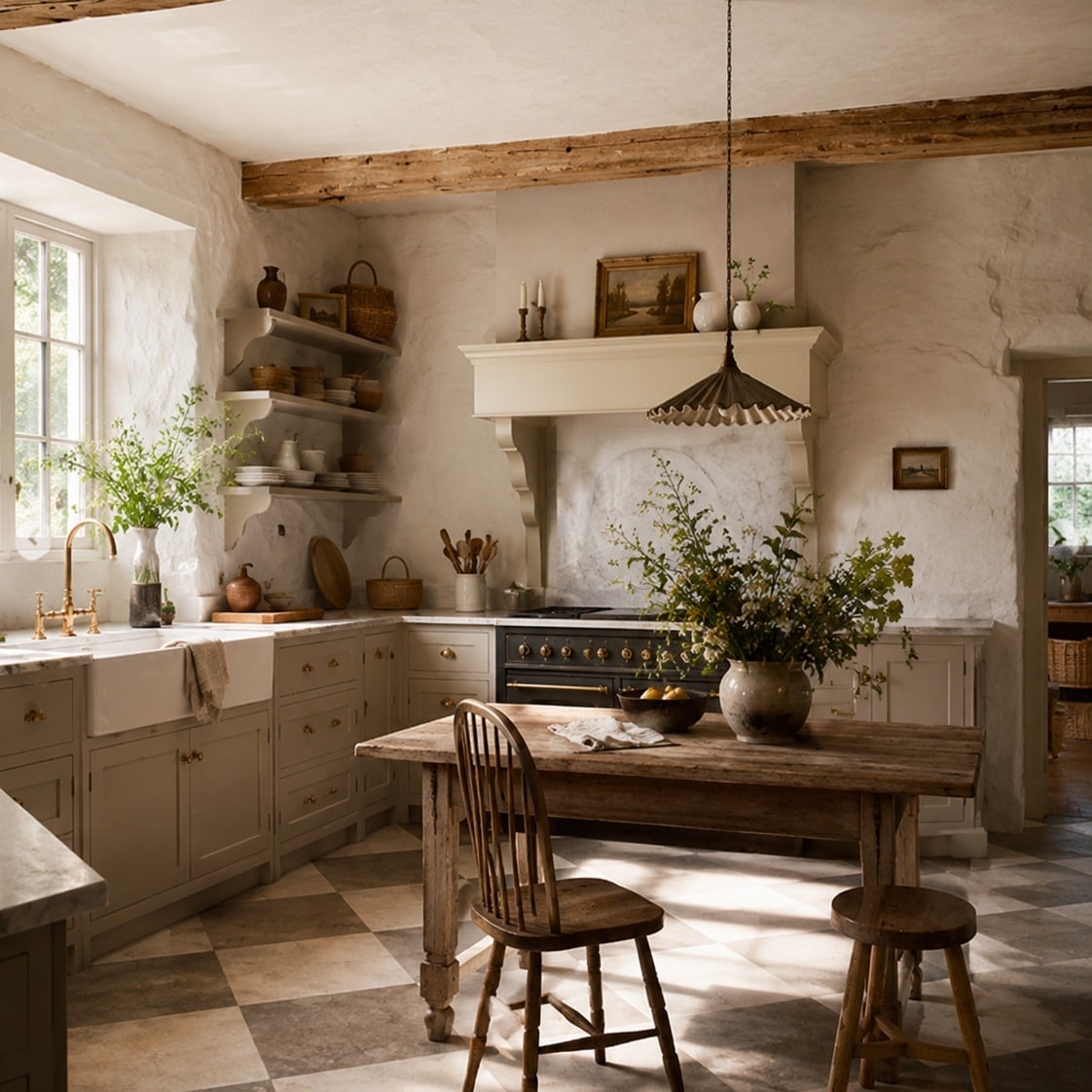 22. Rustic Kitchen Ideas with Taupe Cabinets and Cream Stone Walls - rustic kitchen ideas