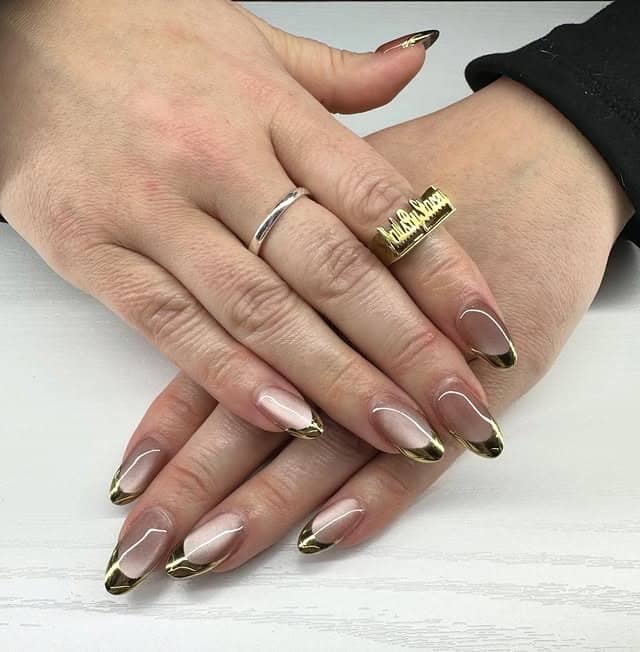 1. Gold Chrome French Almond Nails - elegant nail art ideas