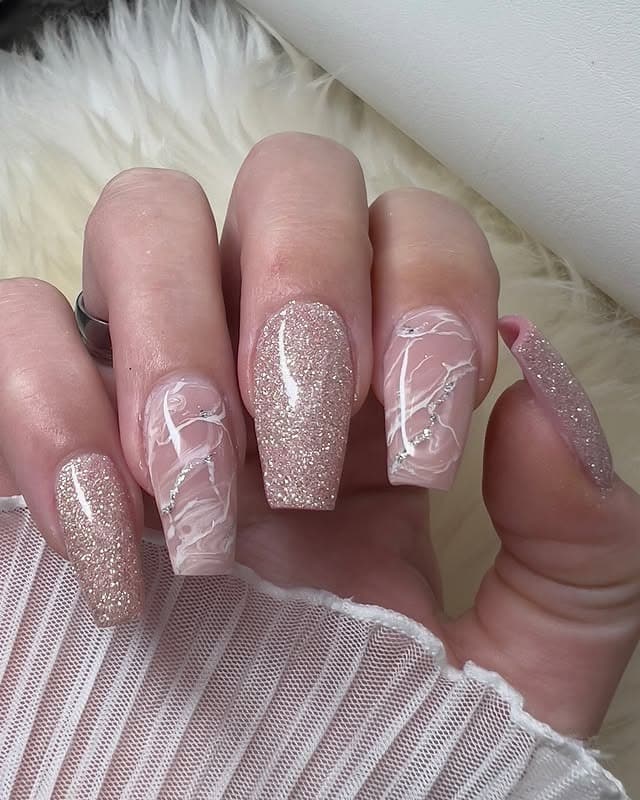 3. Rose Gold Glitter Marble Coffin Nails - elegant nail art ideas
