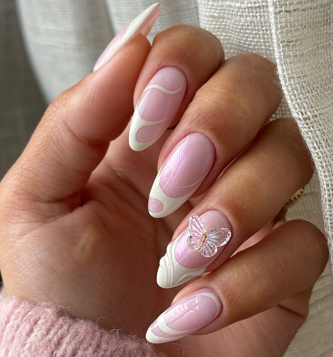 7. Pearl Pink Butterfly Almond Nails - elegant nail art ideas