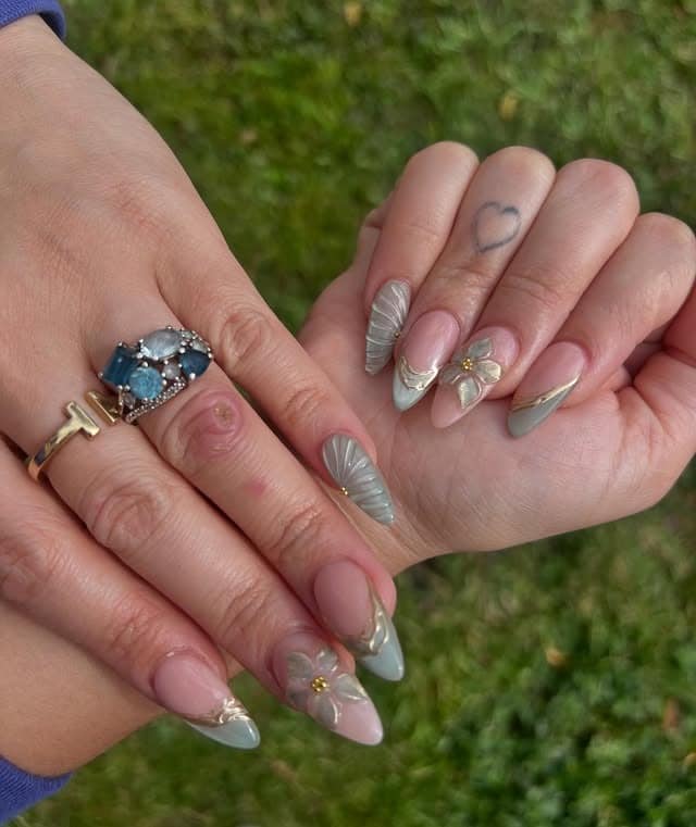 8. Sage Green Floral 3D Almond Nails - elegant nail art ideas