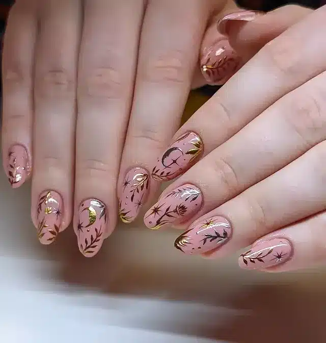 10. Blush Pink Celestial Botanical Almond Nails - elegant nail art ideas