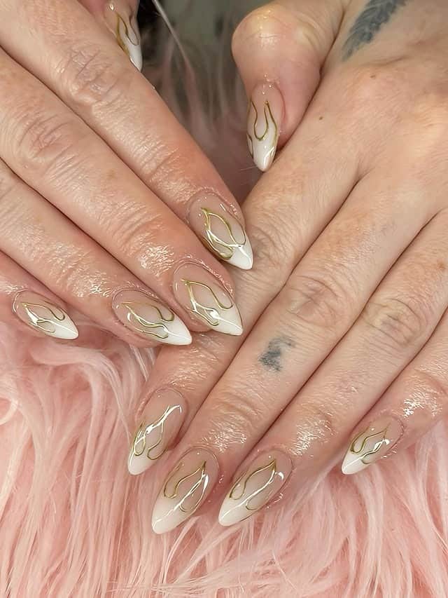 14. White French Gold Swirl Almond Nails - elegant nail art ideas