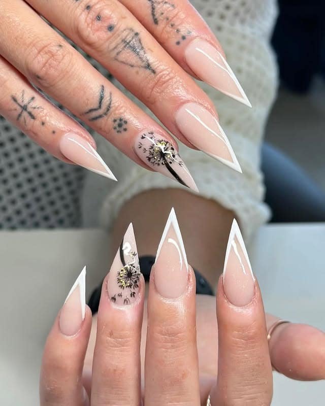 18. Nude White Floral Stiletto Nails - elegant nail art ideas