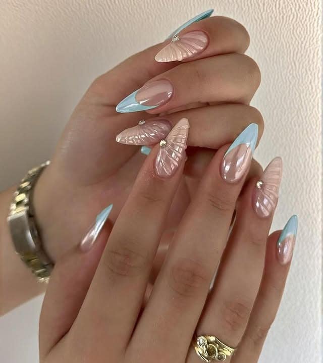 19. Baby Blue Shell French Almond Nails - elegant nail art ideas