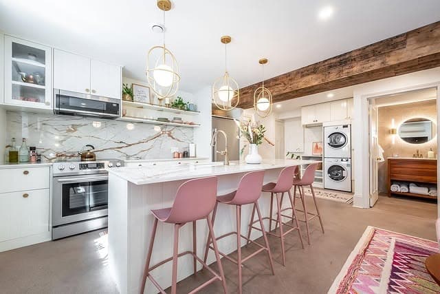 1. Soft White Basement Kitchen with Blush Seating Ideas - basement kitchen ideas