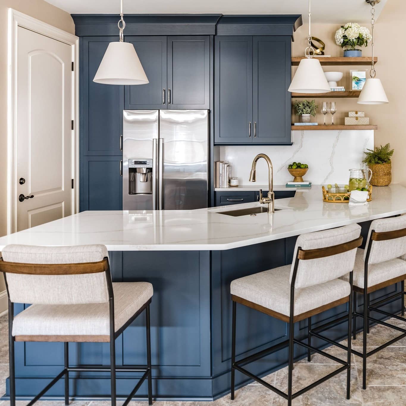 2. Navy Blue Basement Kitchen with White Quartz Island - basement kitchen ideas