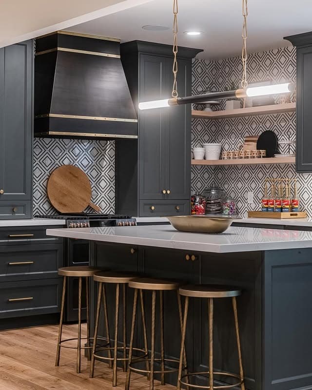 7. Charcoal Gray Basement Kitchen with Patterned Backsplash - basement kitchen ideas