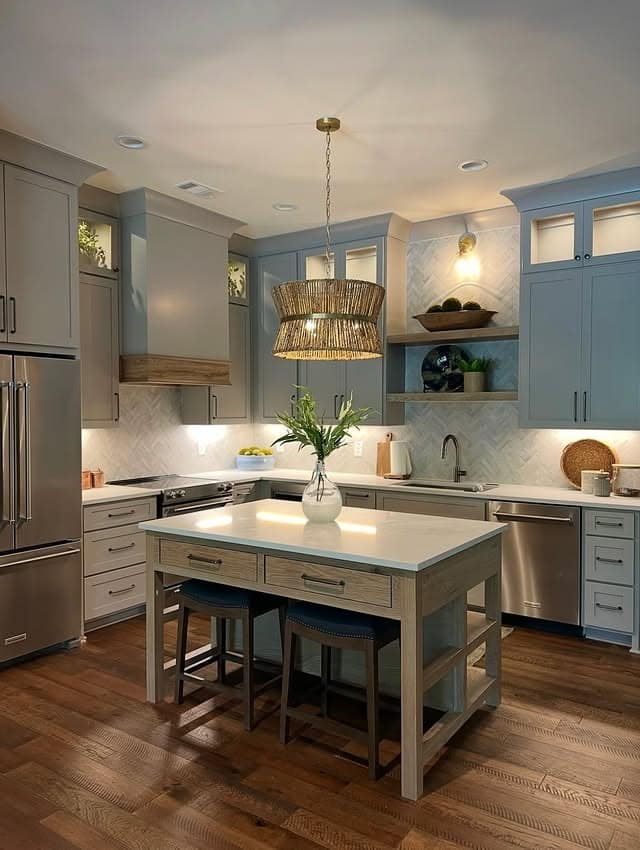 10. Light Gray Basement Kitchen with Wood Island - basement kitchen ideas