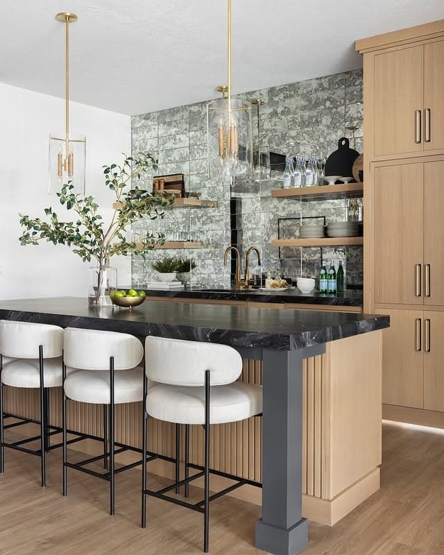 11. Natural Wood and Black Basement Kitchen with Textured Tile - basement kitchen ideas