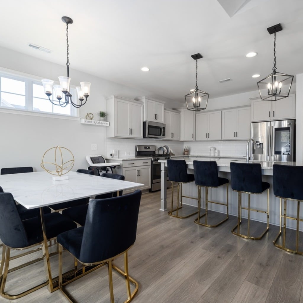 15. White Basement Kitchen with Navy Seating Ideas - basement kitchen ideas