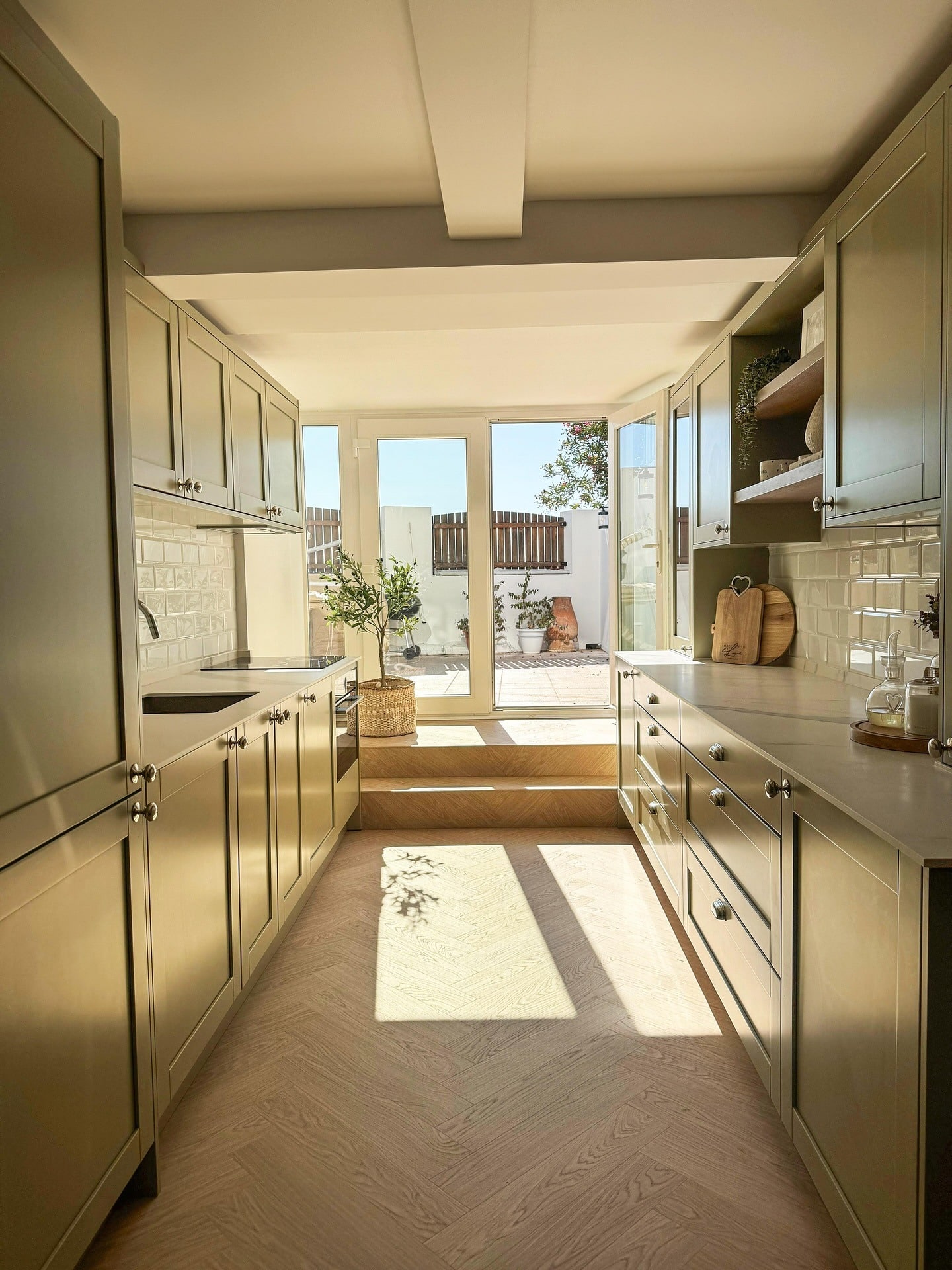 16. Olive Green Galley Basement Kitchen Design - basement kitchen ideas