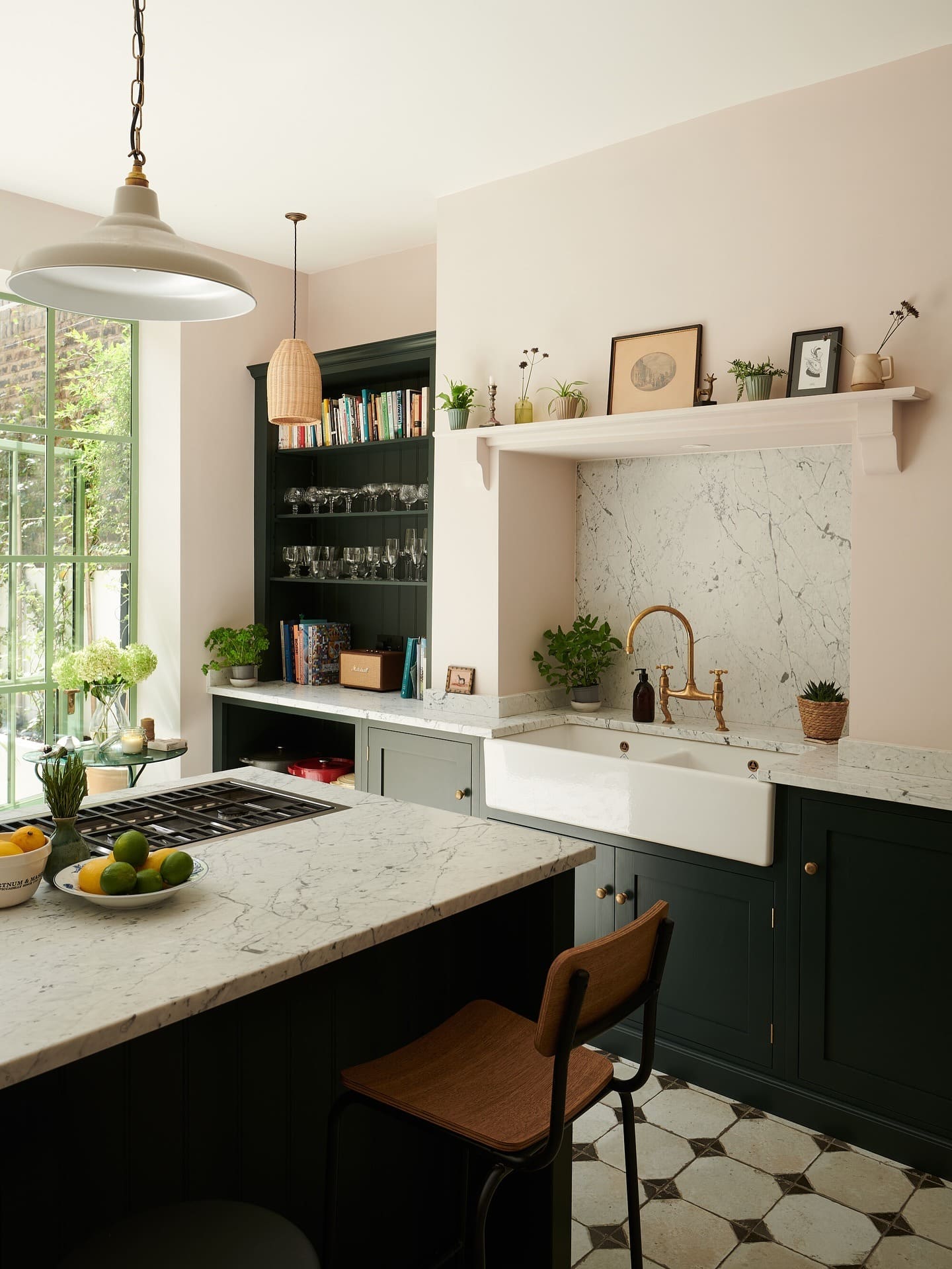 17. Dark Green Basement Kitchen with Marble Details - basement kitchen ideas