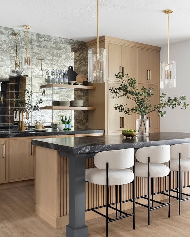21. Natural Wood and Charcoal Basement Kitchen with Statement Tile - basement kitchen ideas