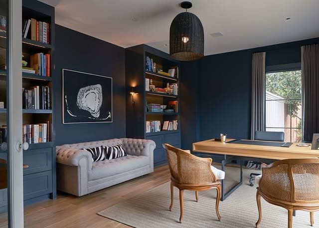 1. Navy Blue Office Ideas with Warm Wood Accents - office ideas