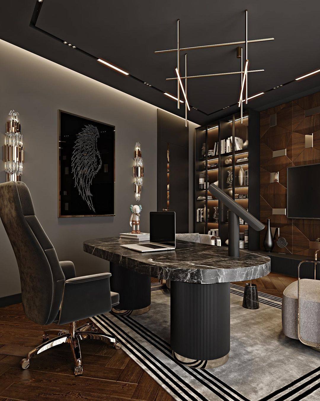 6. Charcoal Office Ideas with Walnut Wood Details - office ideas