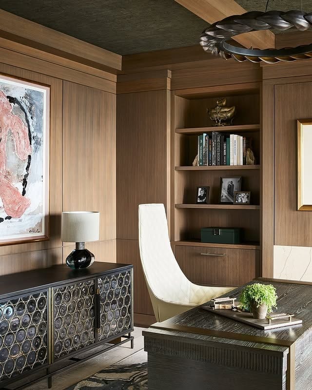 9. Walnut Office Ideas with Cream Seating - office ideas