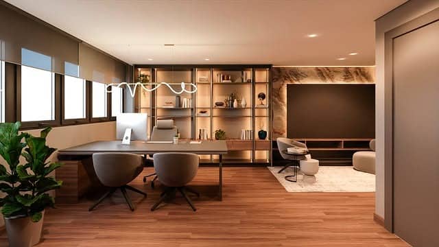 17. Walnut Office Ideas with Warm Lighting - office ideas