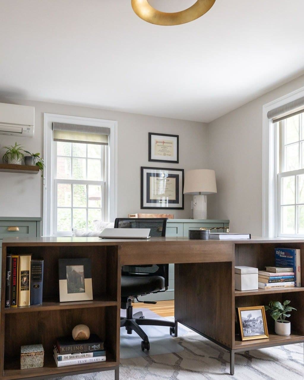 19. Gray Office Ideas with Walnut Desk - office ideas