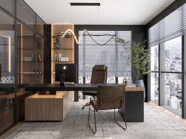 20. Brown and Black Office Ideas with Modern Lighting - office ideas