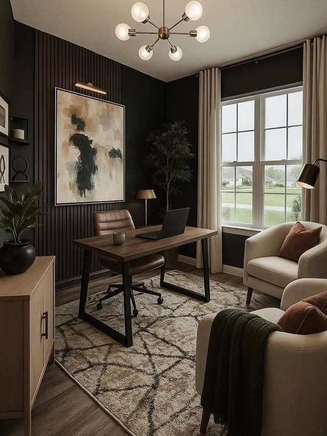 21. Black Office Ideas with Walnut Wood Accents - office ideas