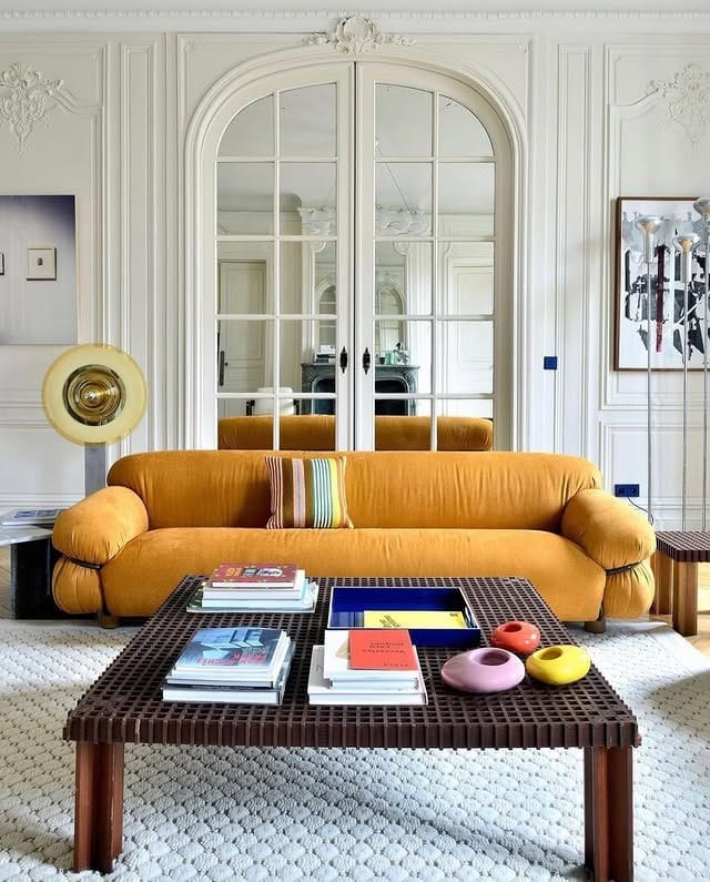 1. Mustard Retro Living Room Ideas With White Classic Walls - retro living room ideas