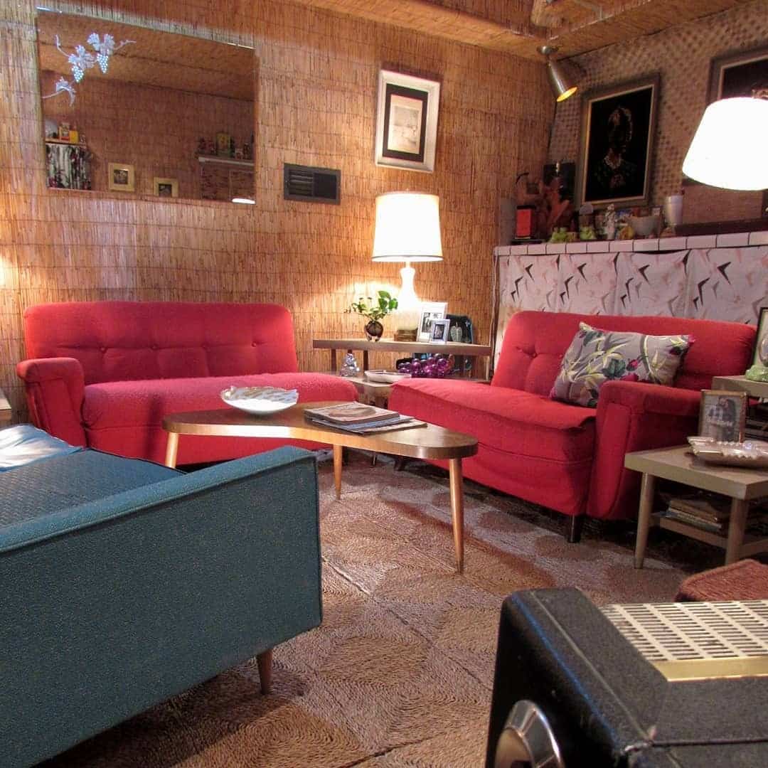 8. Coral Retro Living Room Ideas With Bamboo Walls - retro living room ideas