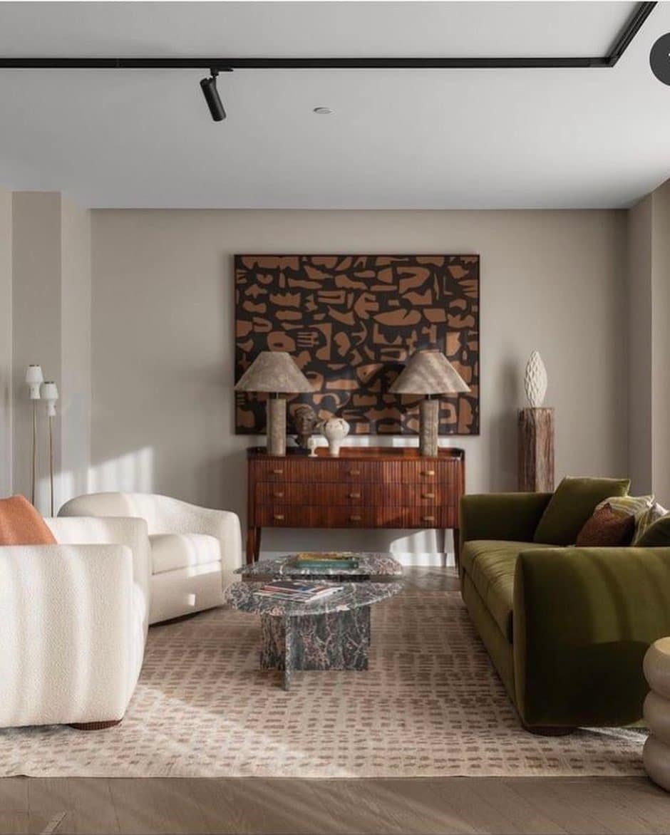 10. Olive Green Retro Living Room Ideas With Marble Coffee Table - retro living room ideas