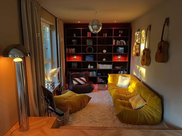 11. Mustard Yellow Retro Living Room Ideas With Cozy Lounge Style - retro living room ideas