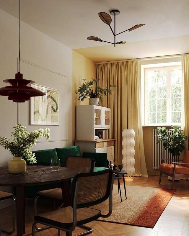 15. Cream And Green Retro Living Room Ideas With Scandinavian Style - retro living room ideas