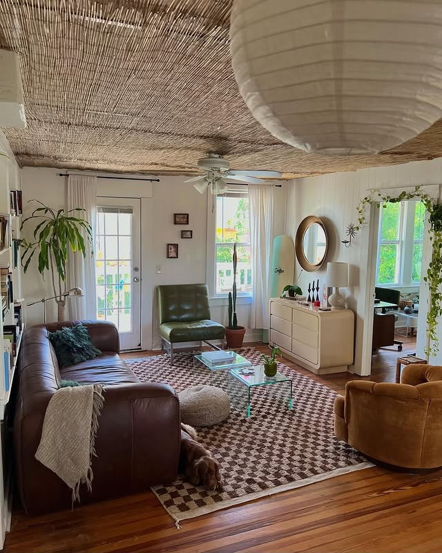 16. Brown And Cream Retro Living Room Ideas With Natural Textures - retro living room ideas