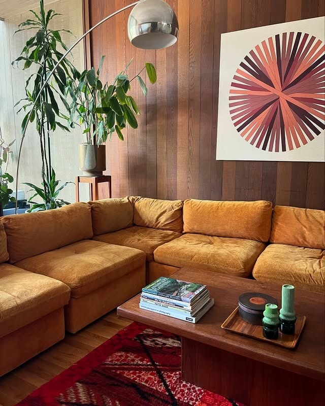 17. Caramel Brown Retro Living Room Ideas With Wood Panel Walls - retro living room ideas