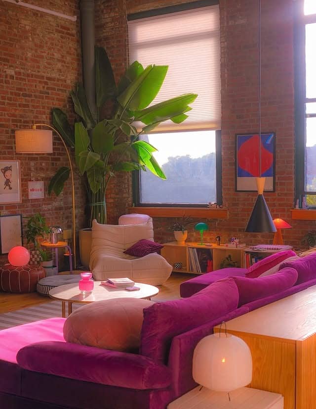 18. Pink Retro Living Room Ideas With Industrial Loft Style - retro living room ideas