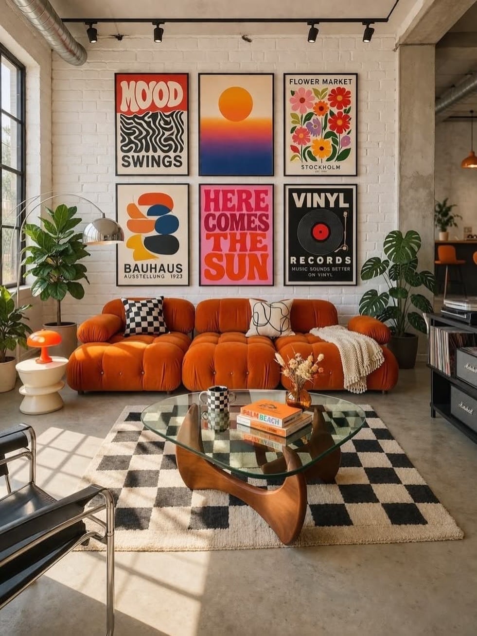 19. Orange Retro Living Room Ideas With Graphic Wall Art - retro living room ideas