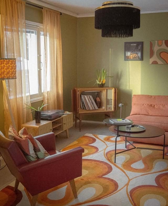 21. Sage Green Retro Living Room Ideas With Burnt Orange Accents - retro living room ideas