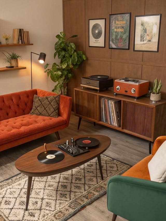 22. Walnut Brown Retro Living Room Ideas With Rust Orange Seating - retro living room ideas