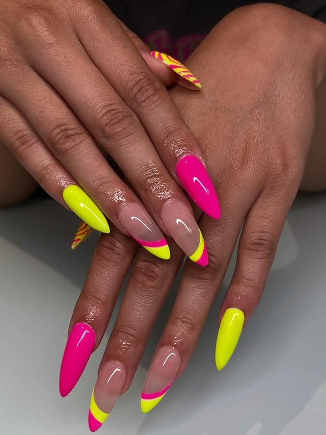 4. Neon Pink and Yellow French Almond Nails - neon nail ideas