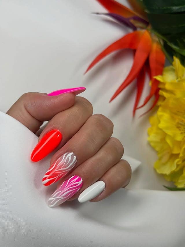 5. Neon Coral and Pink Zebra Nails - neon nail ideas