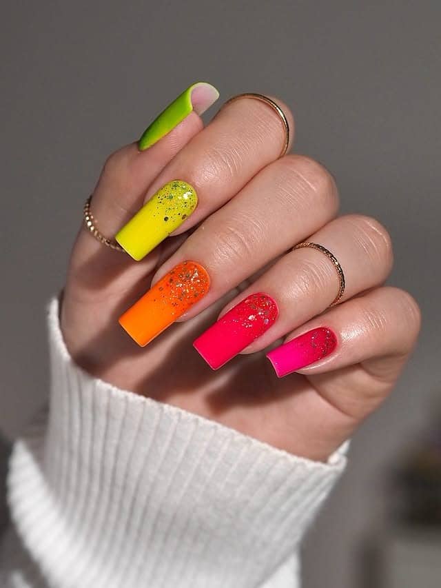 8. Neon Color Block Glitter Coffin Nails - neon nail ideas