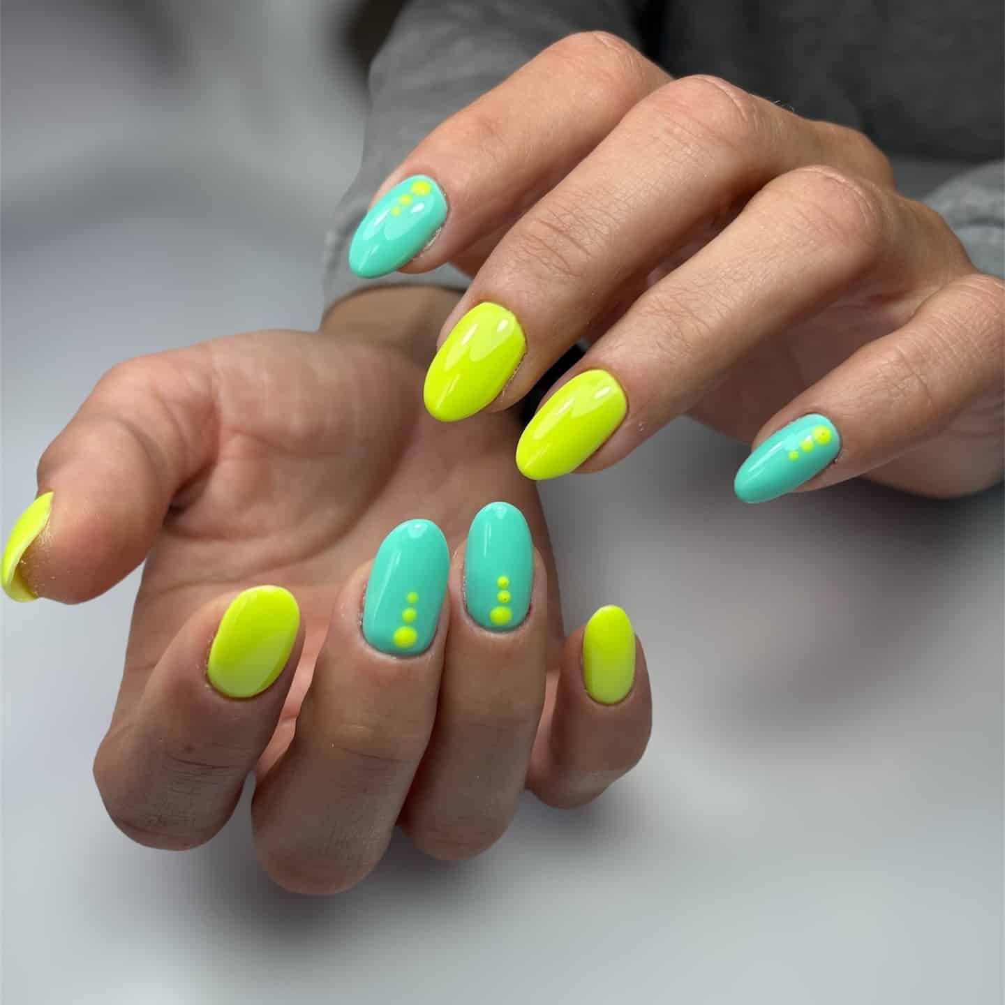 9. Neon Yellow and Aqua Dot Nails - neon nail ideas