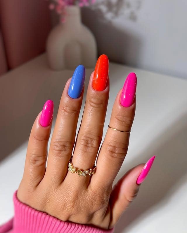 10. Neon Multicolor Almond Nails - neon nail ideas