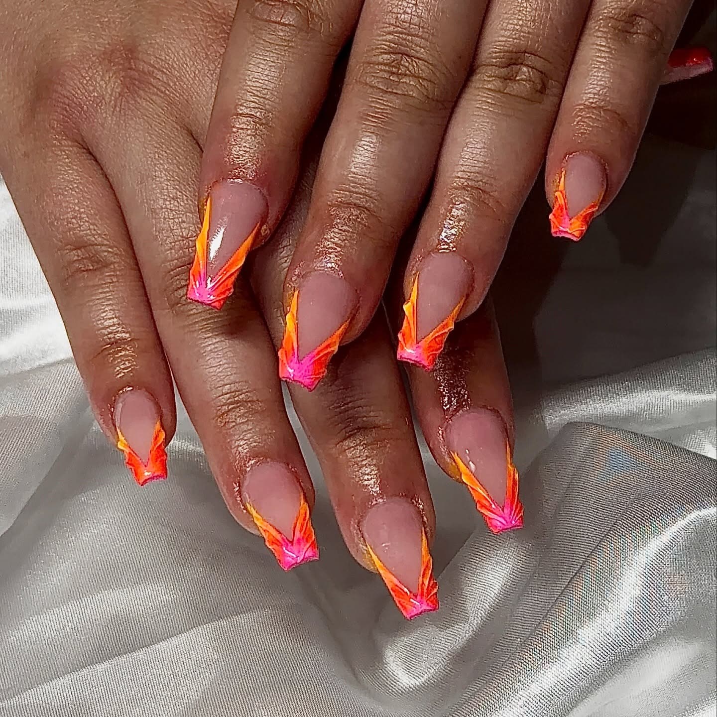 11. Neon Pink and Orange Feather French Square Nails - neon nail ideas
