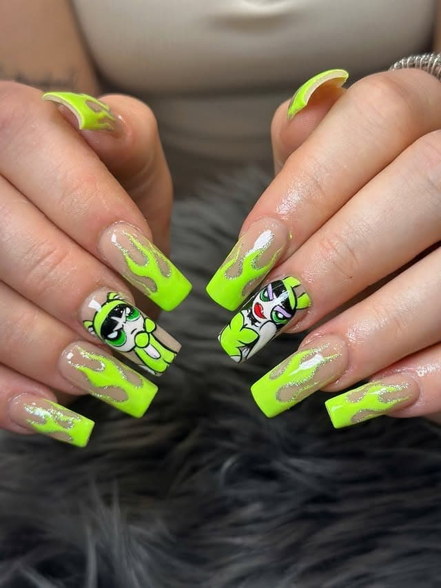 12. Neon Green Cartoon Flame Coffin Nails - neon nail ideas