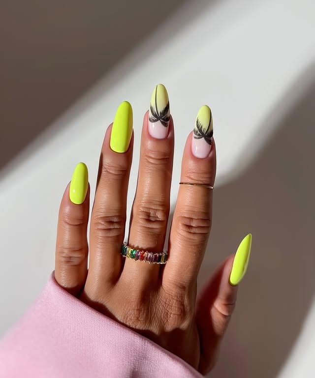 14. Neon Yellow Floral Almond Nails - neon nail ideas