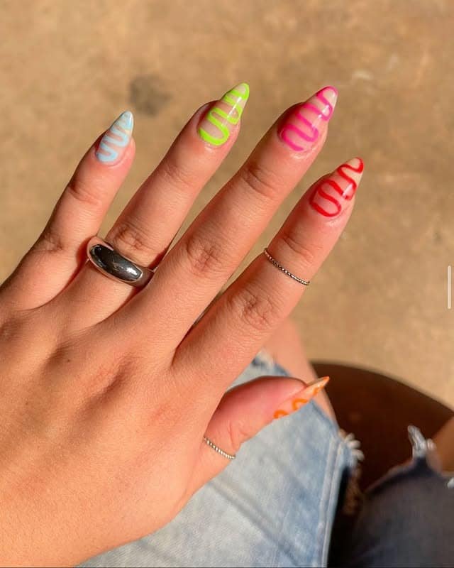 16. Neon Rainbow Swirl Almond Nails - neon nail ideas