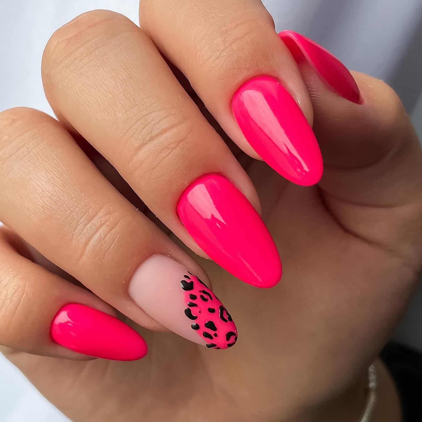 18. Neon Pink Leopard Almond Nails - neon nail ideas
