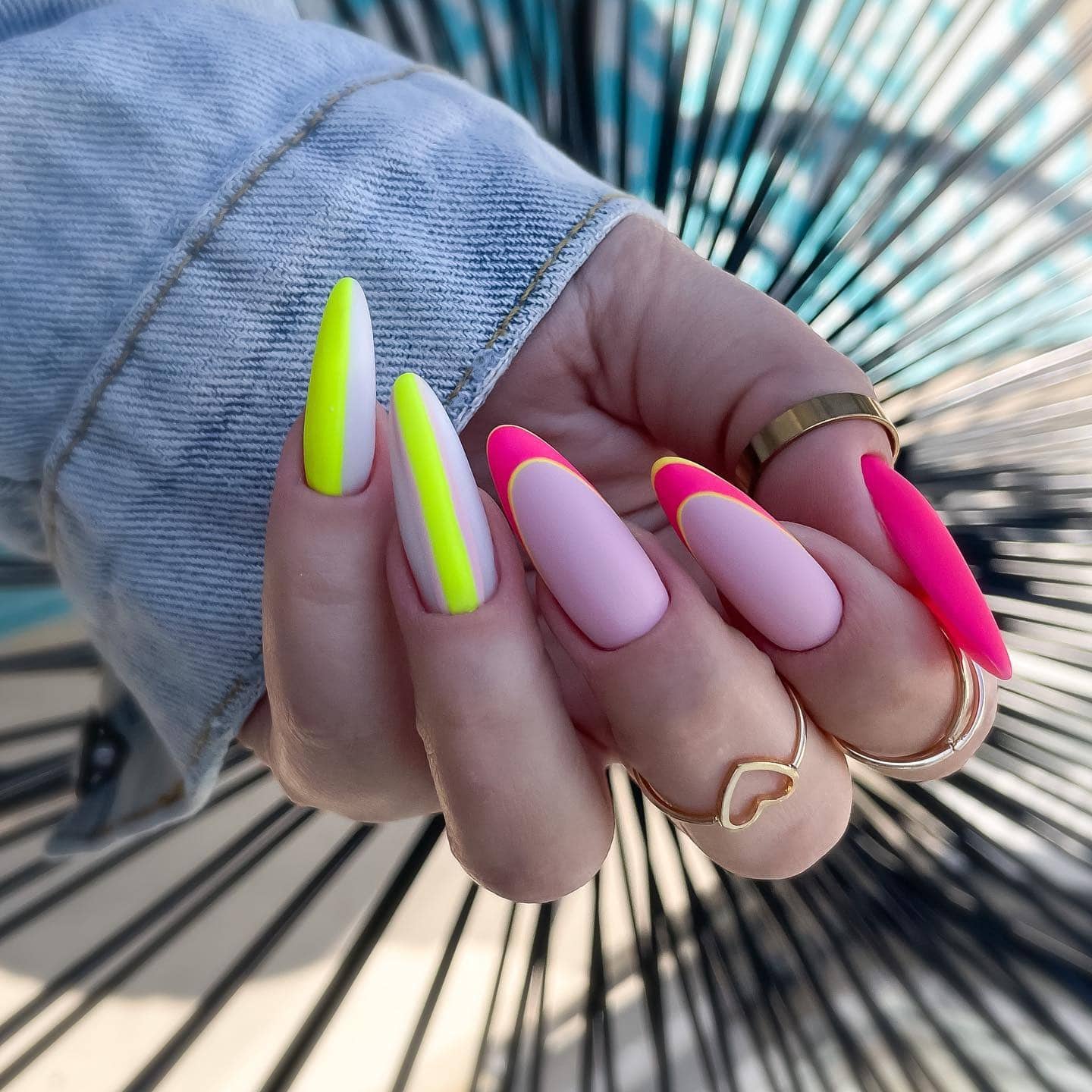 21. Neon Pink and Yellow Color Block Almond Nails - neon nail ideas