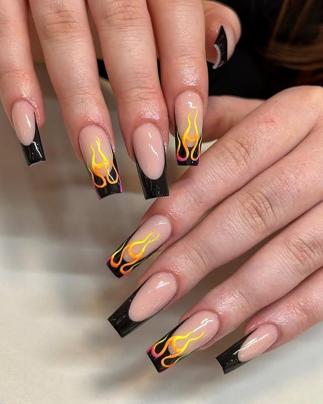 22. Black French Flame Coffin Nails with Neon Orange - neon nail ideas