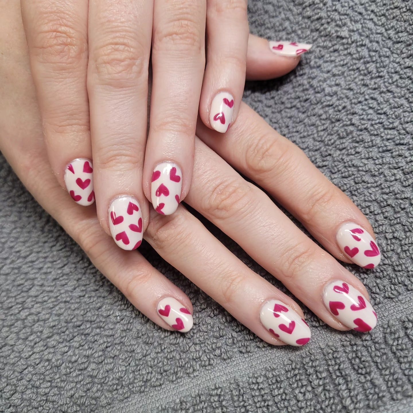 5. Pink Heart Pattern Oval Nails - oval nail ideas