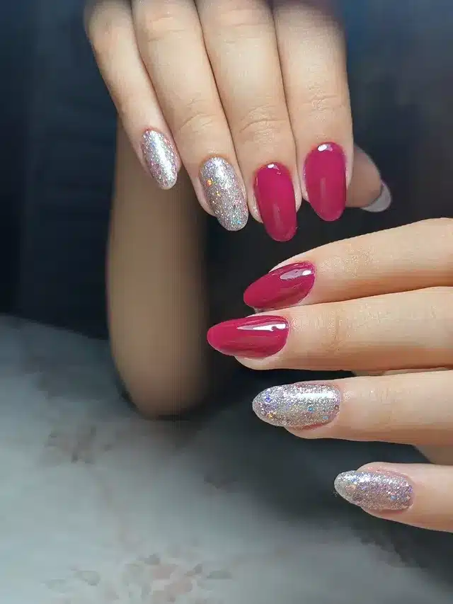 7. Berry Pink and Silver Glitter Oval Nails - oval nail ideas